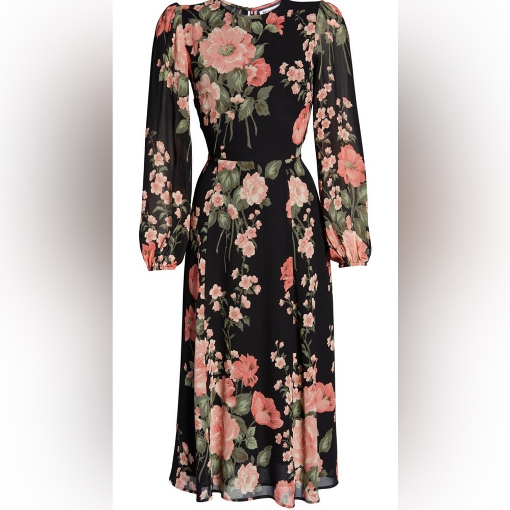 Reformation Black and Pink Floral Long Sleeve Dress